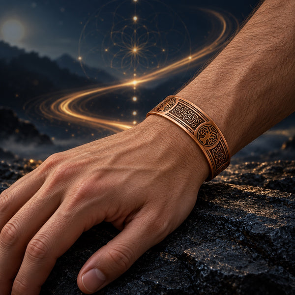 Alchemy Code bracelet with tree-of-life and Celtic knot motifs, worn on a hand model’s wrist against a dark blue and gold background.