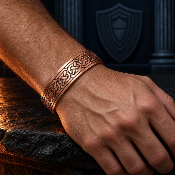 Guardian Code copper bracelet with repeating rounded Celtic knots, worn on a hand model’s wrist against dark stone and warm amber light.