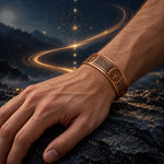 Alchemy Code bracelet with tree-of-life and Celtic knot motifs, worn on a hand model’s wrist against a dark blue and gold background.