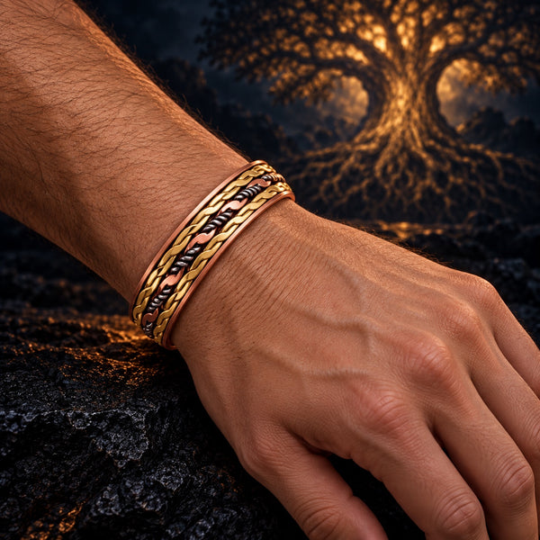 Elder Code bracelet with intertwined copper, gold and silver toned strands, worn on a hand model’s wrist against a dark blue and golden tree background.