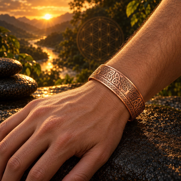 Fortune Code bracelet with Celtic knot and tree motifs, worn on a hand model’s wrist above a green valley in golden sunset light.