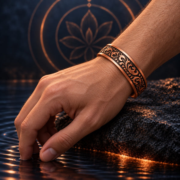 Grove Code copper bracelet with raised floral scrollwork, worn on a hand model’s wrist against a dark blue water and lotus background.