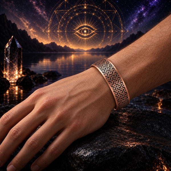 Oracle Code copper bracelet with an angular woven pattern, worn on a hand model’s wrist against a purple starry lake background.