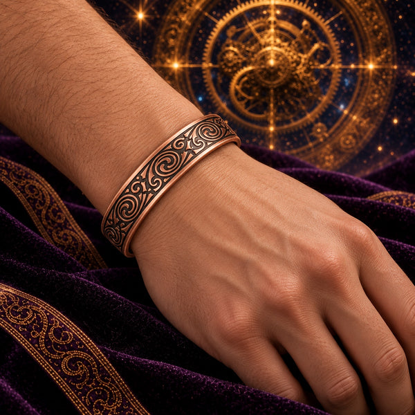 Prophecy Code copper bracelet with repeating spiral motifs, worn on a hand model’s wrist against purple velvet and golden clockwork.