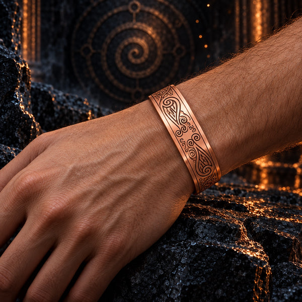 Rebirth Code copper bracelet with engraved feather and spiral motifs, worn on a hand model’s wrist against ancient stone and warm ember light.