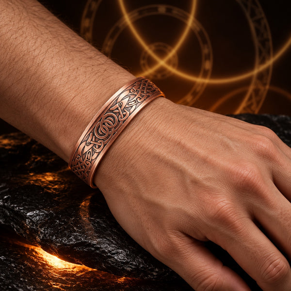 Union Code copper bracelet with interlinked ring and Celtic knot motifs, worn on a hand model’s wrist against a dark amber background.