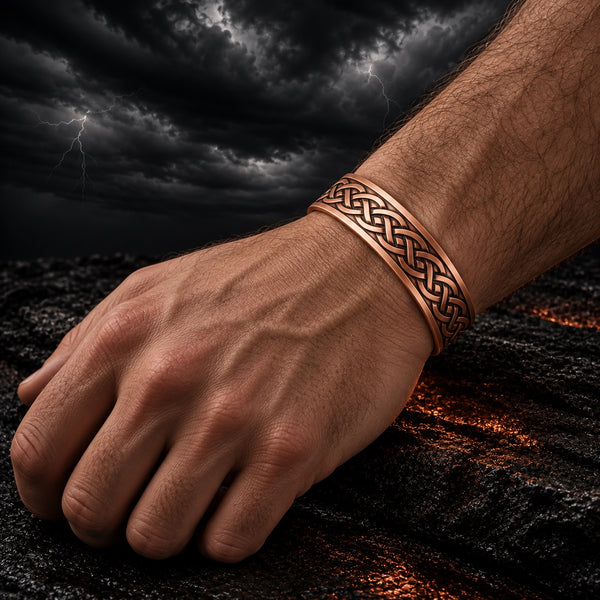 Warrior Code copper bracelet with a continuous Celtic braid, worn on a hand model’s wrist against storm clouds and dark volcanic stone.
